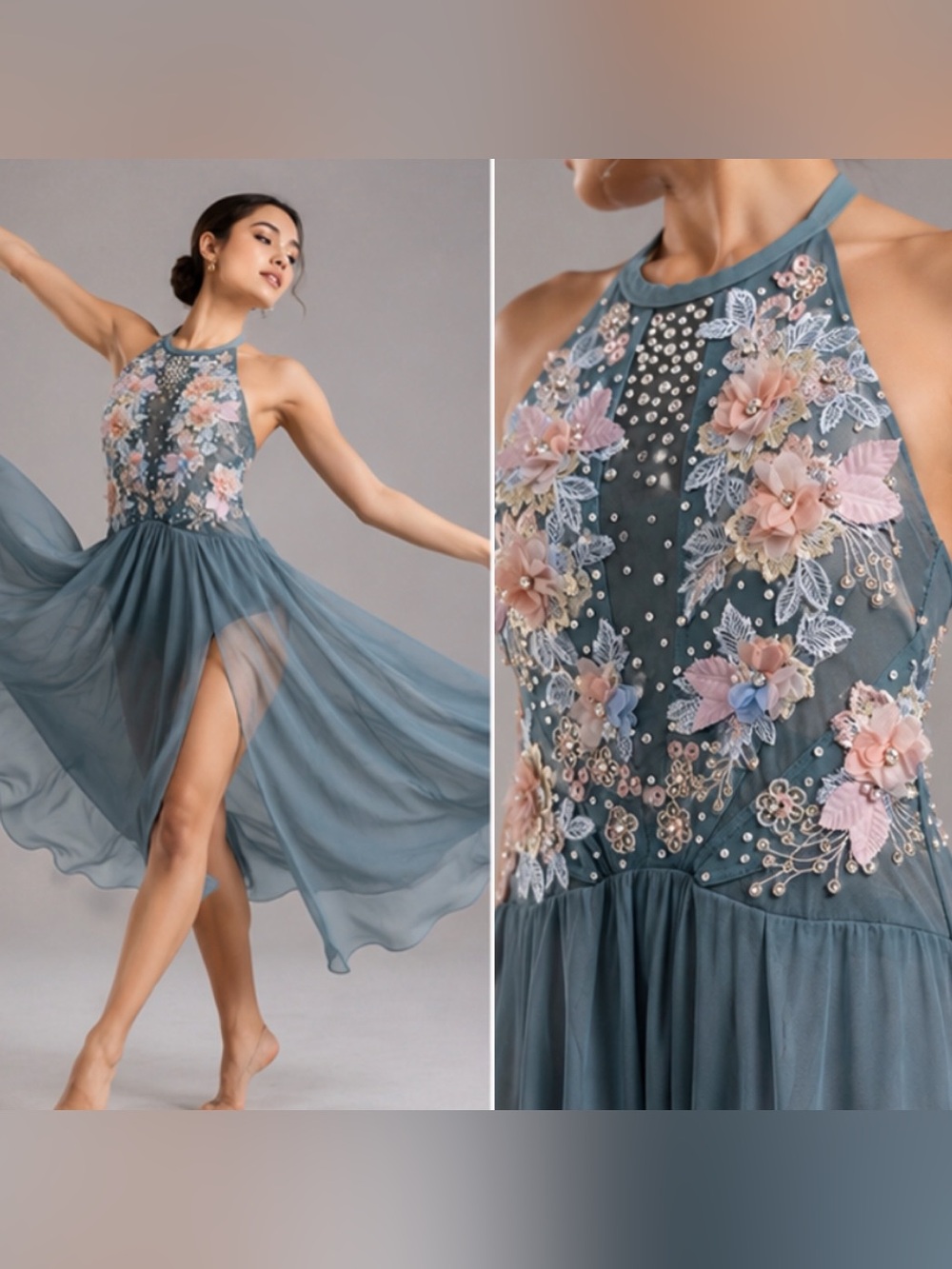 Weissman D11656 Lyrical Dance Costume Green Illusion Maxi Dress LA Adult Solo